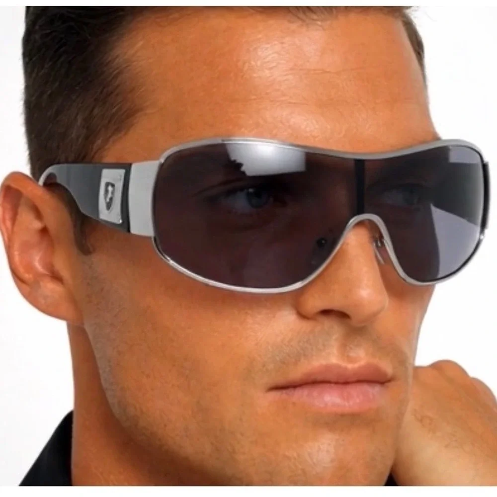 Men Shield Sunglasses Silver Black Wrap Around UV400 Hip Hop Gangster Streetwear